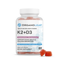 Organoleaf K2+D3 supplement bottle with gummies on a white background