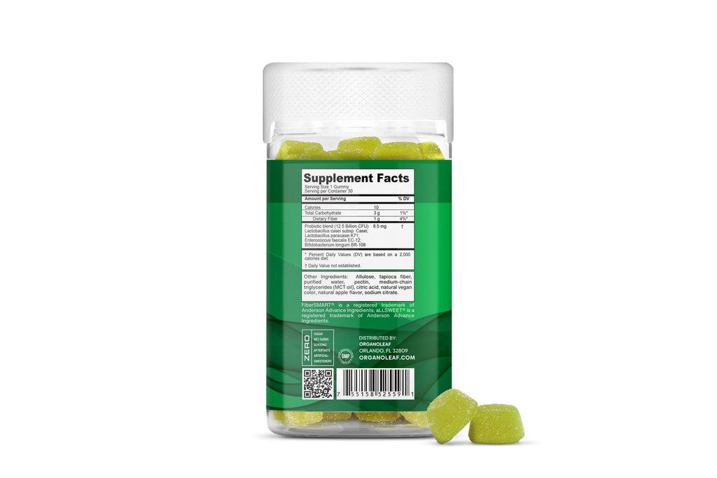OrganoLeaf Kids Probiotic Blend FloraSMART supplement facts label 13 billion CFU gummy bottle back