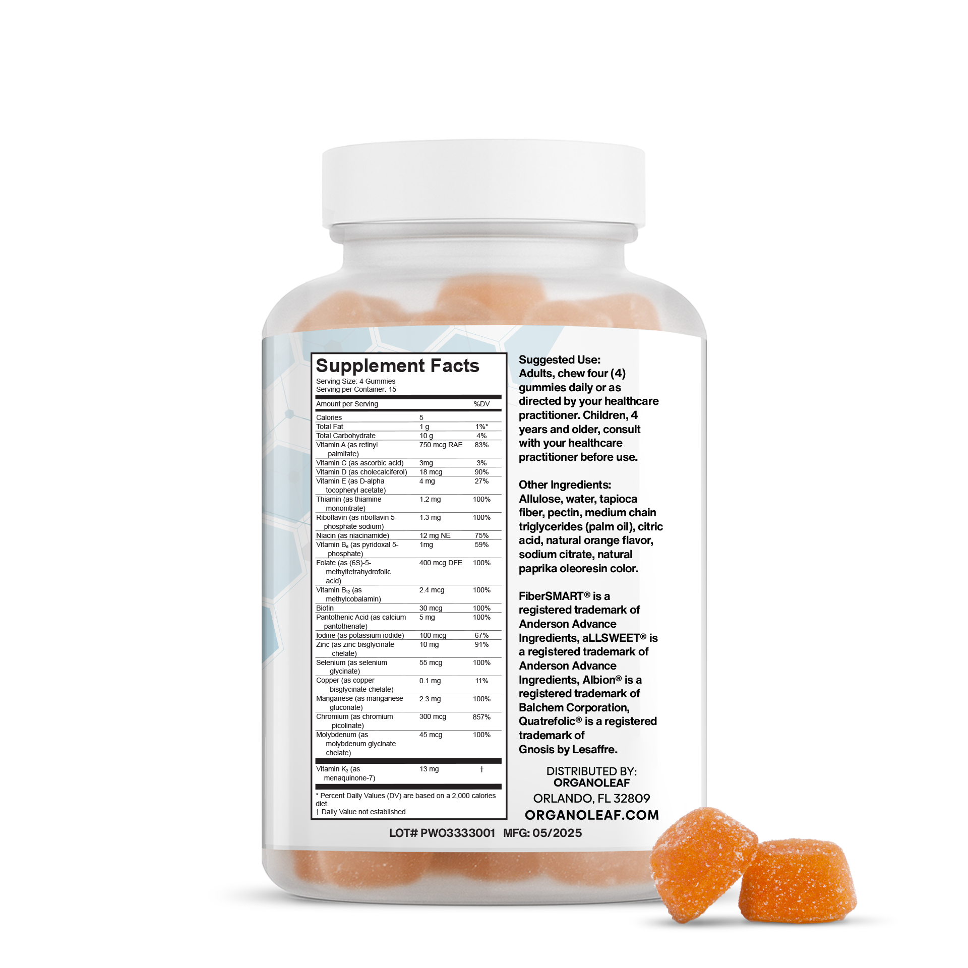 OrganoMulti: Vitamins A, C, D, E, Bs, Folic Acid & Zinc Sugar-Free Gummies