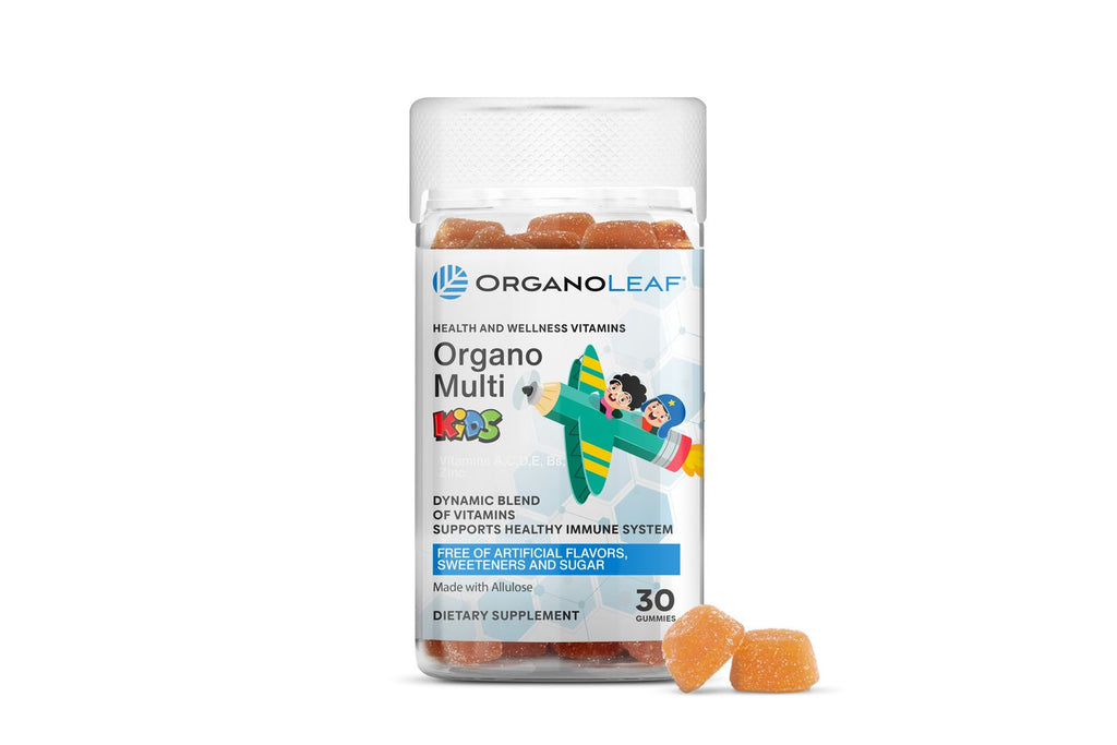 Organoleaf Organo Multi Kids dietary supplement with gummy bears on a white background