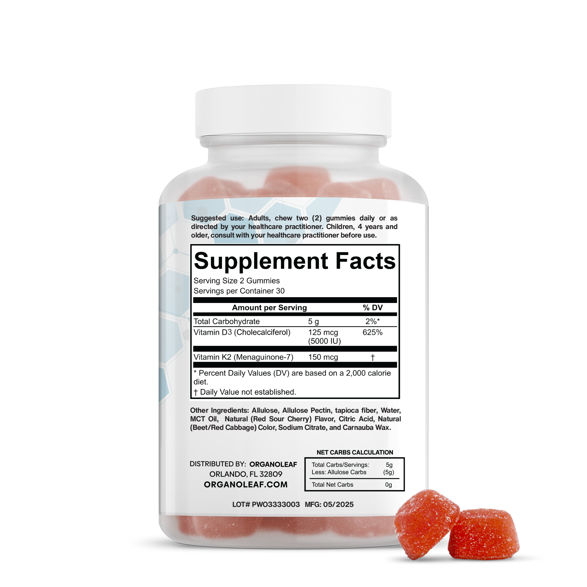 K2+D3: Cholecalciferol & Menaquinone-7 Sugar-Free Gummies