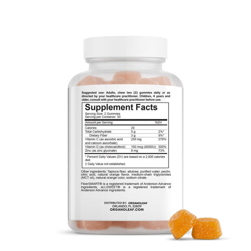 OrganoLeaf ImmunoShield Adult Vitamin C D3 Zinc supplement facts 60 gummies bottle back label