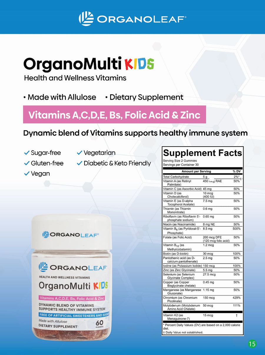OrganoMulti Kids: Vitamins A, C, D, D, Bs, Folic Acid & Zinc Sugar-Free Gummies