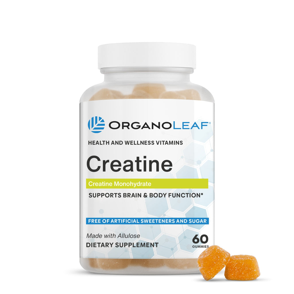 Bottle of Organoleaf Creatine gummies on a white background