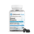 Organoleaf Sweet Dreams supplement bottle with two black gummies on a white background