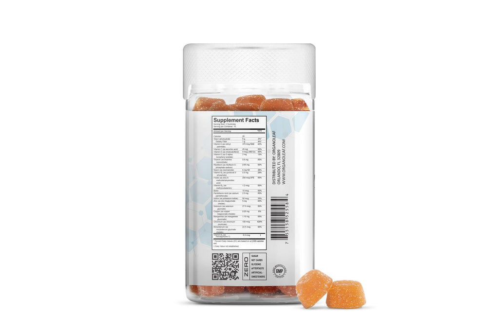 OrganoLeaf OrganoMulti Kids supplement facts label vitamins A C D E B5 folic acid zinc gummy bottle back